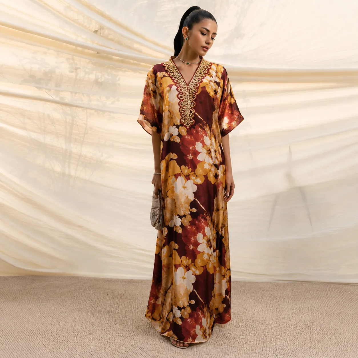 Autumn Elegance Printed Long Kaftan